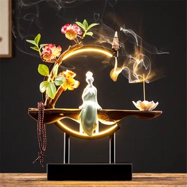 Ceramic Maid Wood Backflow Incense Burner with 20 Cone USB Led Light Circle Lotus Buddha Beads Home Office Decoration Furnishing - Color: A4 With 20 Cones