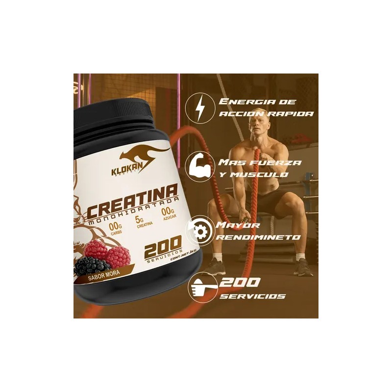 Creatina Monohidratada 1kg Klokan 200 Servicios Sabores