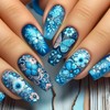 Blue Press on Nails Coffin Medium Fake Nails with Floral