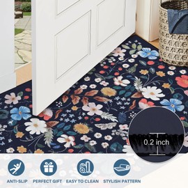 WEZVIX Boho Floral Runner Rug,2x6 Machine Washable Rug,Kitchen Rugs for Hallways with Anti-Slip Particles Backing,Front Runner Carpet for Bathroom,Long Hallway,Sunroom,Kitchen,Bedroom(Black)