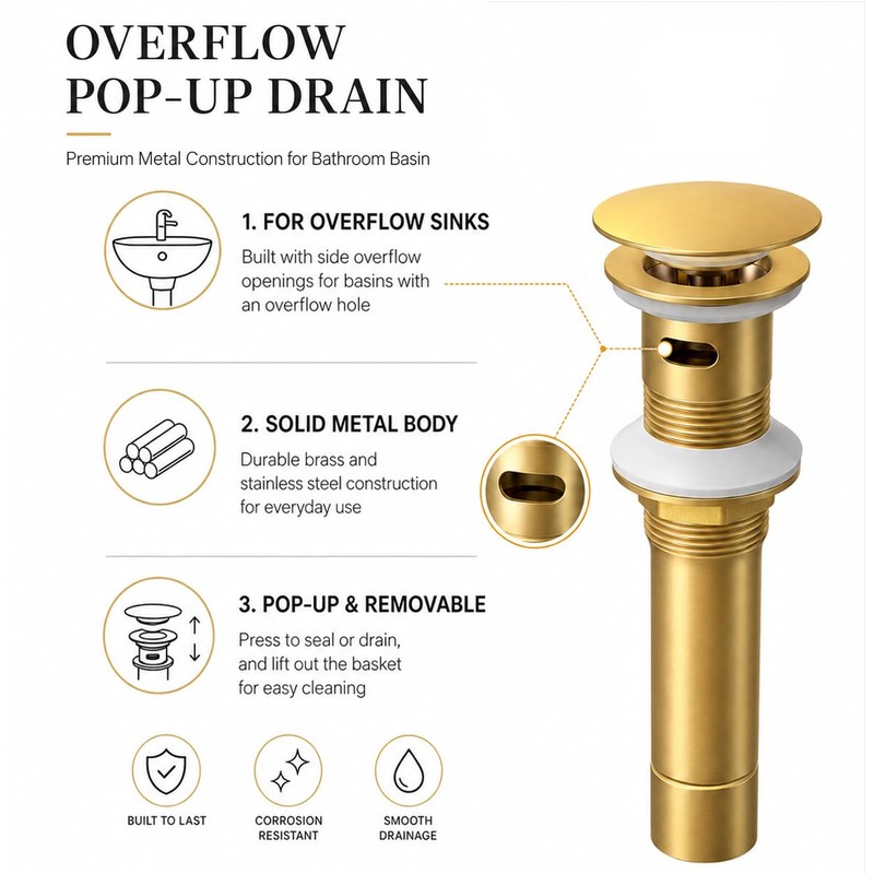 FROPO Metal Pop Up Bathroom Sink Drain with Overflow, Brushed