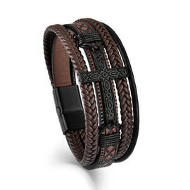 Veshon Mens Cuff Cross Bracelet Multi-Layer Braided Leather Cross Bracelet for Religious Bangle Wristband Faith Christian Jewelry for Men Teen, 9.1 Inch