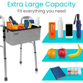 Vive Walker Basket Accessories Bag - Tray for Folding Walker with Water Cup Holder & Pockets - Universal Large Capacity Storage Container for Seniors, Elderly - Storage Mobility Aid Pouch (Gray)