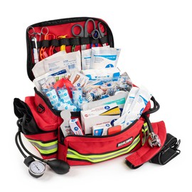 Scherber First Responder Fully-Stocked Professional Essentials EMT/EMS Trauma Kit | HSA/FSA Approved | Reflective Bag w/8 Zippered Pockets & Compartments & 200+ First Aid Supplies - Red