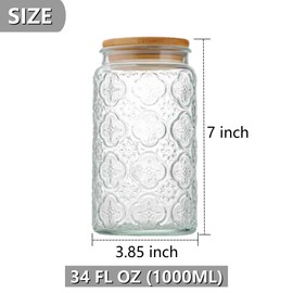 ANSQU Vintage Glass Storage Jar, 34 FL OZ Glass Food Storage Containers with Bamboo Lid, Airtight Cookie Jar Candy Jar for Kitchen Counter, Pantry, Coffee, Tea, Sugar (Round, Begonia)