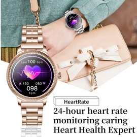 Ladies Smart Watch for Women Heart Rate Calorie Counter Pedometer Luxury Bracelet Casual Message Notification Fitness Watches for Android Phones iOS Phones, goldround, fitness