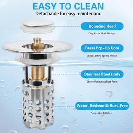 2 PCS Tapón para Fregaderode de Baño, 1.25 a 1.5in Tapón para Lavabo de Baño, Colador de Drenaje Emergente de Acero Inoxidable, Filtro de Drenaje Antiobstrucción con Cesta de Filtro Extraíble