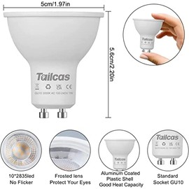 Tailcas Tailcas GU10 LED Warmweiss, 7W LED Lampe Ersetzt 50W Glhbirne, 500LM 3000K GU 10 Lampen Warmwei?, Nicht Dimmbar LED Leuchtmittel GU10 Strahler, 38Abstrahlwinkel Reflektorlampen,10 Stck