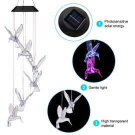 Solar Hummingbird Wind Chimes Outdoor-Waterproof Solar Powered LED Changing Light Color Hummingbirds Mobile Romantic Wind Chime for Mom Gifts, Home,Party,Festival,Night Garden Decoration(Blackboard)