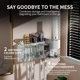 Toothbrush Holder Wall Mounted for Bathroom: Adjustable White Electric Automatic Toothpaste Dispenser - 4 Toothbrush Storage Slots 2 Cups and Large Capacity Tray - Family Kids