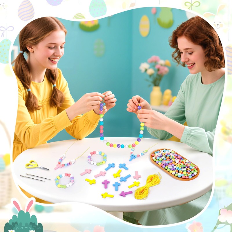 FULAIERGD 32 Sets Easter Wooden Cross Beads Necklace Craft Kits