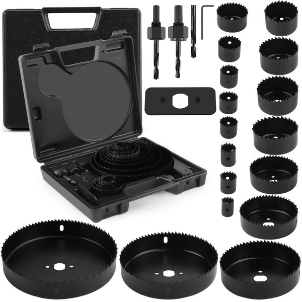 JOHOUSE Hole Saw Set, 24 PCS Hole Saw Kit with 3/4"-6"(19-152mm) 17PCS Saw Blades, 3PCS Drill Bits, 1 Installation Plate, 2 Mandrels and Tool Box, Suitable for Soft Wood Plywood Drywall PVC