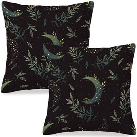 Black Moon Throw Pillow Cover 16x16 inch, Cute Green Magic Leaf Plant Aesthetic Herb Nature Bedroom Pillow Case Seasonal Decorative Dark Farmhouse Cushion Pillowcover for Home Sofa Bed Couch Set of 2