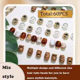VENOFEN 60PCS Brown Hair Beads Gradient Loc Tube Bead Multiple Styles Vintage Dreadlock Accessories Gold Clear Round Beads Hair Decoration for Women and Girls
