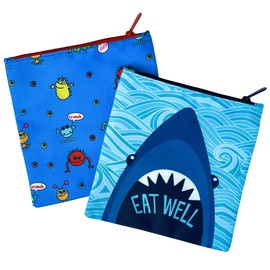 Yumbox Reusable Fabric Sandwich and Snack Bags (Set of 2) with fun Shark and Funny Monsters Prints for Toddlers and Kids. Zip Closure, Wide Opening, Washable, Food Safe, BPA Free, large 8 x 8 in.