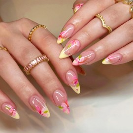 French Tip Press on Nails Medium Almond Fake Nails with Designs Cute Flower Glue on Nails Rhinestone False Nails Summer Acrylic Nails Glossy Full Cover Stick on Nails for Women