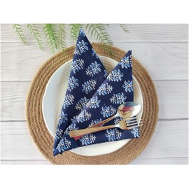 Craftbot Soft Cotton Dinner Napkins 18x18 inches - Washable Thin Cloth Napkins Set of 6 - Everyday Use or Dinner Party and Events - Indigo Blue Floral Pattern Lightweight Indian Block Print Fabric