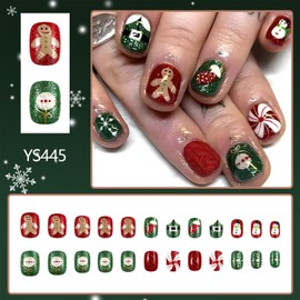 Christmas Press on Nails Short Square Fake Nails With Gingerbread Man Snowman Candy Designs Xmas Red Green False Nails Glitter Full Cover Stick on Nails Winter Artificial Nails for Women 24 Pcs