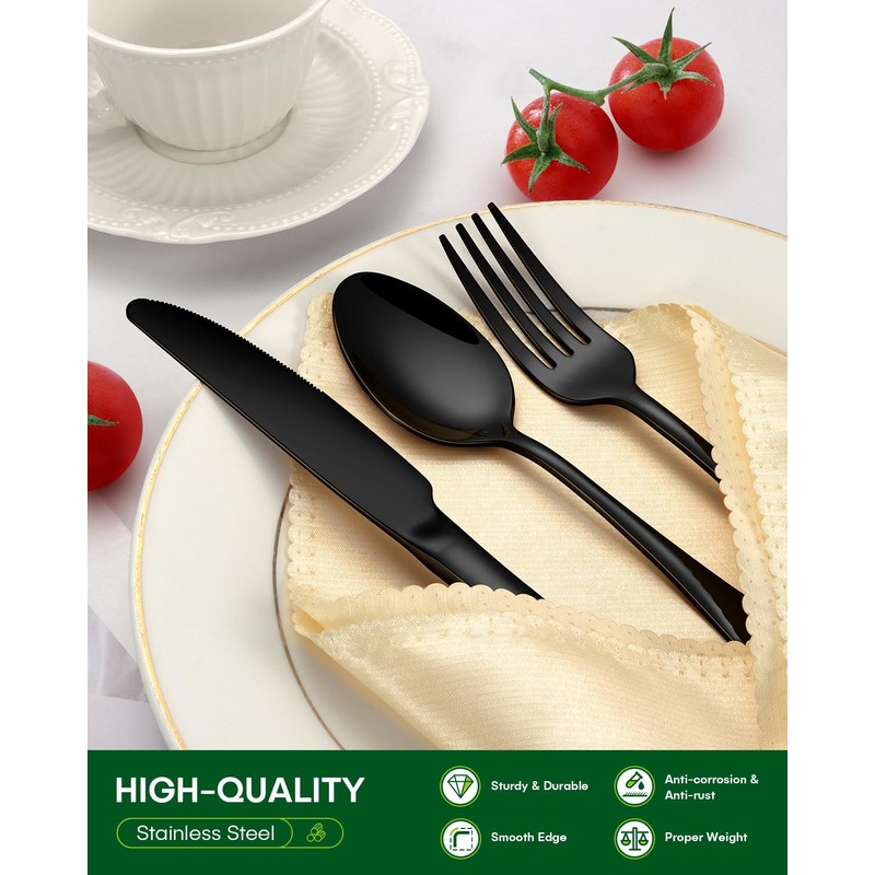 PHILIPALA 24-Piece Black Silverware Set with Steak Knives Food-Grade Stainless