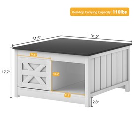 DWVO Farmhouse Storage Coffee Table: Wooden Square Center Table with Sliding Barn Door, Half Open Storage for Living Room, Black/White