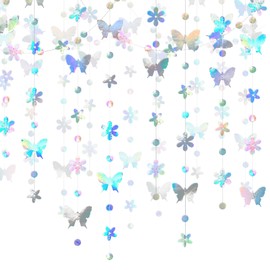 Heyiminy Iridescent Butterfly Garland, 26 Feet Hanging Butterfly Decorations, Paper Laser Butterfly Flower Polka Dot Garland Streamers for Wedding Home Party Birthday Decorations