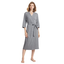 SIORO Cotton Women Robes Kimono Long Bathrobe Knit Summer Fall Bath Robe Lightweight Soft Loungewear Petite Nightdress V-Neck Thin Sleepwear Steel Gray Small