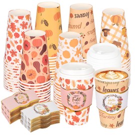 72 Set Fall Disposable Coffee Cups with Lids and Sleeves Fall Themed Disposable Coffee Cups for Hot or Cold Drinks Pumpkin Maple Leaf Paper Drinking To Go Cups for Autumn Harvest Party Supplies