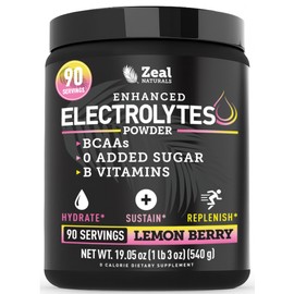 Zeal Electrolyte Powder - 90 Servings | Keto Electrolytes Powder | Zero Sugar, BCAAs, B-Vitamins | Potassium, Zinc, Magnesium | Hydration Powder Recovery Drink | Lemon Berry