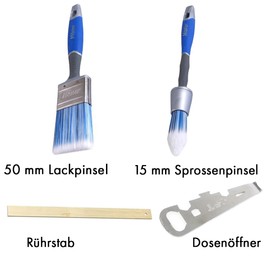 Mäster Malerpinselset für Fenster und Innenbereich – Serie Superior – Komplett-Set mit 50 mm Lackpinsel, 15 mm Sprossenpinsel, Rührstab und Dosenöffner – Für das Streichen von Fenstern und Leisten