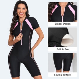 VUTRU Womens One Piece Swimsuit Short Sleeve Rash Guard Padded Bathing Suit UV Protection Front Zip Surf Wetsuit (Pink,M)