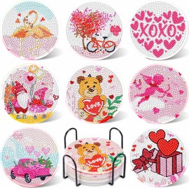 UPINS 8Pcs Valentine's Day Diamond Art Painting Coasters for Drinks DIY Life Coaster Diamond Art Kits for Adults Kids Beginners Diamond Art Craft Supplies