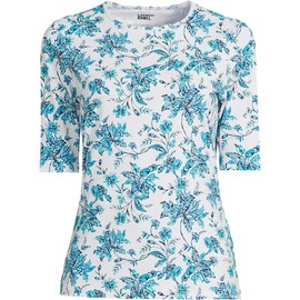 Lands' End Womens Elbow Sleeve Crewneck Swim Tee Rash Guard White/Turquoise Jacobean Regular X-Small