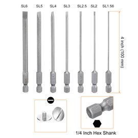 HARFINGTON 7pcs Slotted Screwdriver Bit Set SL1.6/SL2.0/SL2.5/SL3.0/SL4.0/SL5.0/SL6.0 S2 Steel 1/4" Hex Shank 4" Length Magnetic Flat Head Power Drill Bits