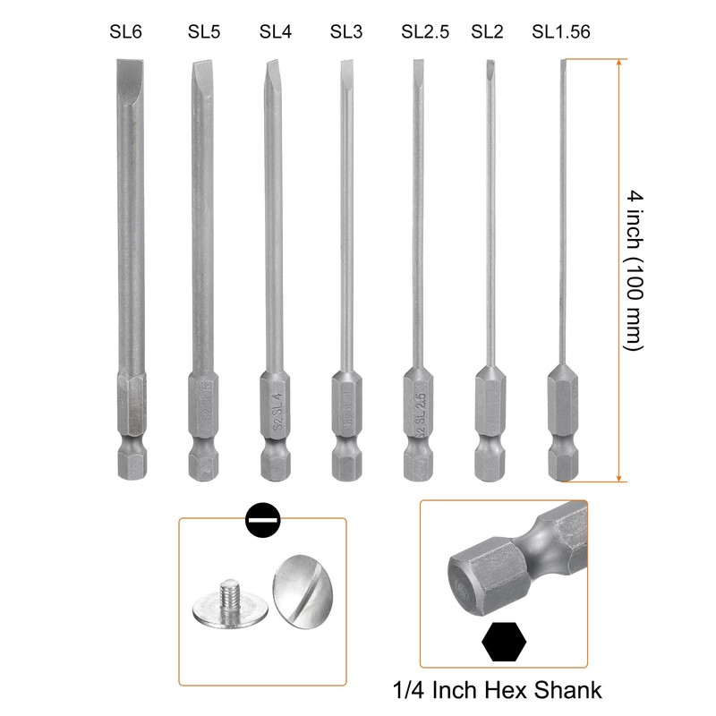 HARFINGTON 7pcs Slotted Screwdriver Bit Set SL1.6/SL2.0/SL2.5/SL3.0/SL4.0/SL5.0/SL6.0 S2 Steel 1/4"