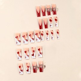 BABALAL Valentines Press on Nails Long Square Fake Nails Red White French Tip Glue on Nails Heart Charm Design Acrylic Nails 24Pcs Squoval False Nails Lips Stick on Nails Glossy Artificial Nails