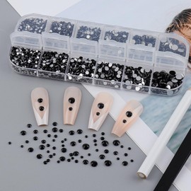 4550Pcs Black Rhinestones Flatback,6 Sizes Flatback Black Rhinestones Glass Crystal Gemstones Round Crystal Glass Flat Back Gems with Tweezers and Wax Pencil Kit for Art Crafts Clothes Bags DIY
