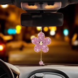 Soleebee Bling Car Hanging Ornament, Crystal Rhinestones Flower Car Rear View Mirror Hanging Accessories Car Pendant Charms Car Decoration for Women Girls (Pink)