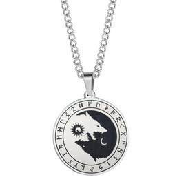 Viking Wolf Necklace Animal Wolf Yin Yang Necklace Stainless Steel Disc Sun Moon Wolf Pendant Necklace for Men Women Medieval Amulet Jewelry Gift