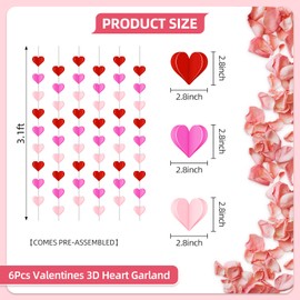 6PCS 3D Heart Garland Valentines Day Decor, Pre-Strung Heart Garland Decorations Valentines Decorations, Pink Paper Heart Garland for Valentines Engagement Bachelorette Birthday Party Decorations