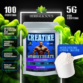 HERBALICIOUS HERBALICIOUS Creatine Monohydrate Micronized Powder ?C 5g per Serving for Muscle Growth, Strength, and Power ?C Unflavored, Non-GMO Formula ?C 100 Serving, 500g