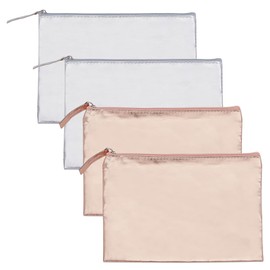 PLIGREAT 4 Pack Mini Makeup Bags, Silver Cosmetic Pouch with Zipper Small Champagne PU Travel Bag for Purse 8.3" x5.9" Waterproof Wristlet Wallet for Women Coin Key Holders, 2 Colors