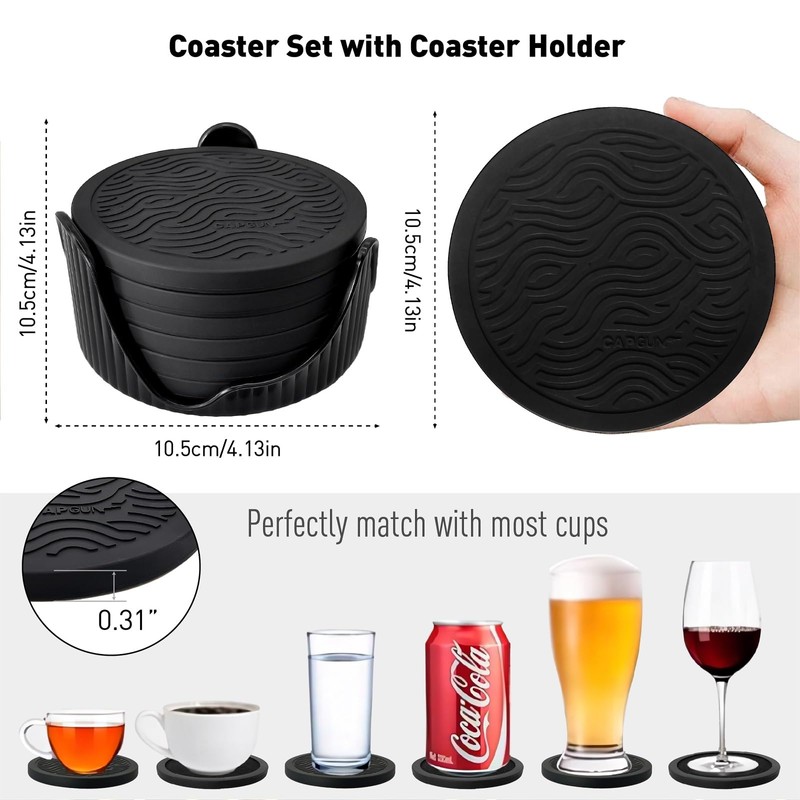 6 Pack Silicone Coasters Set with Holder - for Hot/Cold