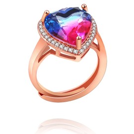 Uloveido Elegant Large Heart Shape Crystal Ring for Women Girlfriend, Rose Gold Plated Heart Cubic Zirconia Adjustable Size Ring for Mother Grandmother Wife Birthday Gift Y3655