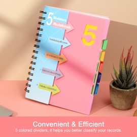 CAGIE 5 Subject Notebook College Ruled Spiral Notebook 5x7 with Divider Tabs, 220 Pages Lined Spiral Journals Notebook for Women, Small Notebook for Work, A5 Spiral Notebook for Note Taking, School,Pink