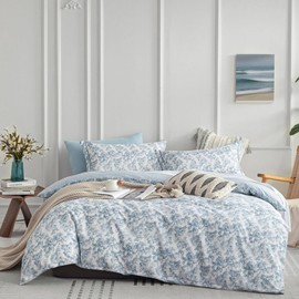 LEMIROE Vintage 100% Cotton Duvet Cover King Size 3PC - Elegant Pale Slate Blue Floral Pattern on White with Light Blue & White Striped Reverse, Luxurious Bedding Set with Button Closure (104"×90")