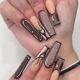 Press on Nails Long Coffin Glue on Nails with Flame Design French Tip False Nails Full Cover Glossy Artificial Nails Brown Acrylic Nails for Women and Girls Nail Art Decorations 24Pcs