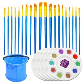 5 x 10-hole mixing palette, plastic, round painting palette with 20 brushes and 1 bucket, professional oil painting, face painting, watercolour painting, art of drawing