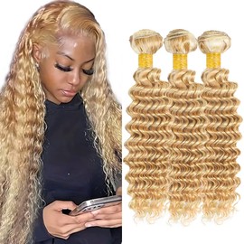 QEUOPE P27613 Highlight Kinkycurly Bundles Human Hair Ombre Two Tone Blonde Mixed With 613 Deep Curly Bundles Silky and Soft Double Weft Brazilian Hair Extensions 18 20 22 inch