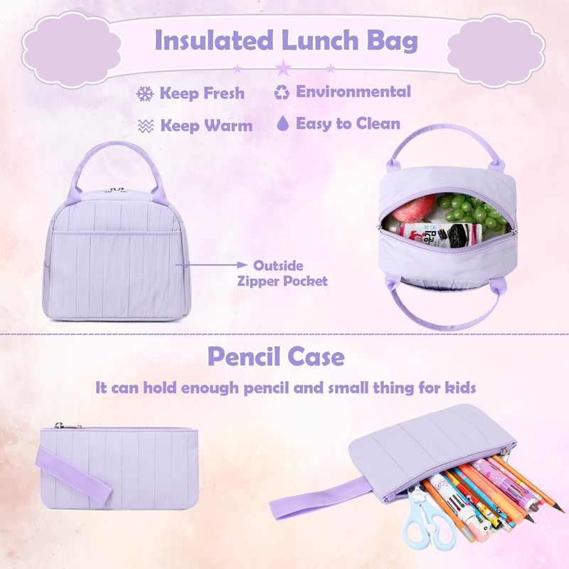 Kimwadalh Girls Bookbag with Lunch Box for School, 3PCS Purple