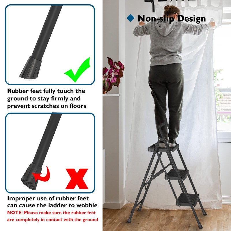 BONTEC 3-Step Ladder, Folding Step Stool, 600lbs Max Load Capacity,